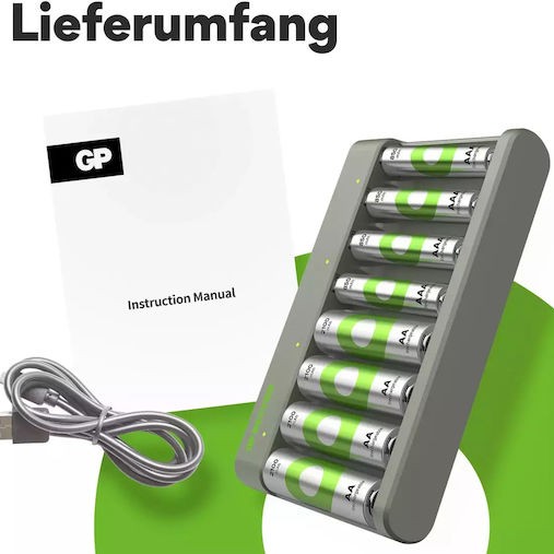 GP Batteries ReCyko E821 Φορτιστής 8 Μπαταριών Ni-MH Μεγέθους AA