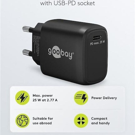 Goobay Φορτιστής Χωρίς Καλώδιο με Θύρα USB-C 25W Power Delivery Μαύρος (65367)