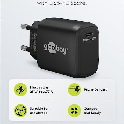 Goobay Φορτιστής Χωρίς Καλώδιο με Θύρα USB-C 25W Power Delivery Μαύρος (65367)