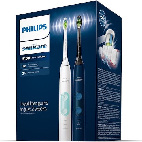 Philips Sonicare Protectiveclean 5100 Ηλεκτρική Οδοντόβουρτσα με Χρονομετρητή, Αισθητήρα Πίεσης και Θήκη Ταξιδίου Λευκή