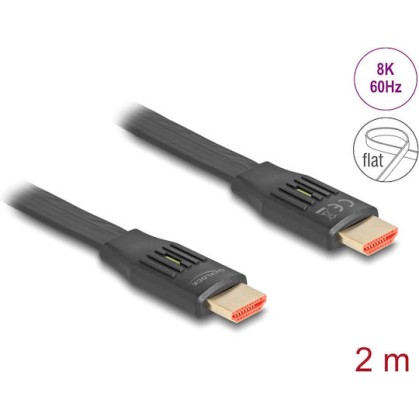 DeLock HDMI 2.1 Flat Cable HDMI male - HDMI male 2m Μαύρο