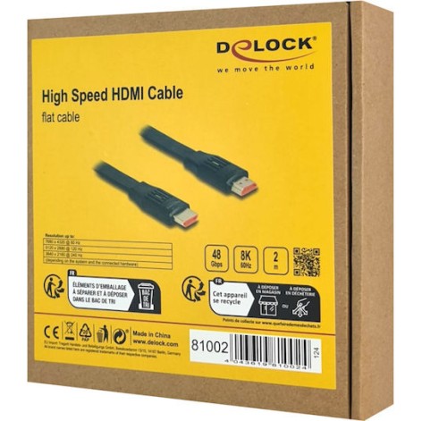 DeLock HDMI 2.1 Flat Cable HDMI male - HDMI male 2m Μαύρο