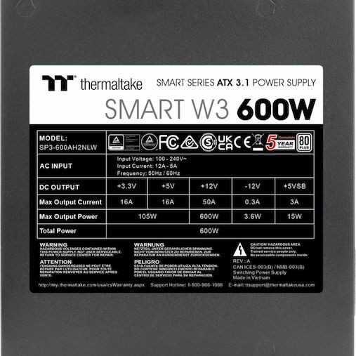 Thermaltake Smart W3 600W Μαύρο Τροφοδοτικό Υπολογιστή Full Wired 80 Plus Standard