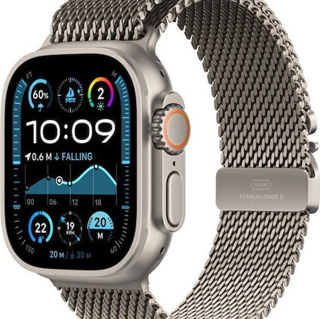 Apple Watch Ultra 2 2024 Titanium 49mm Αδιάβροχο με eSIM και Παλμογράφο (Natural με Natural Titanium Milanese Loop - Small)