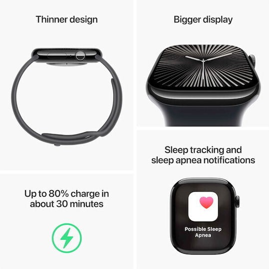 Apple Watch Series 10 Cellular Aluminium 42mm Αδιάβροχο με eSIM και Παλμογράφο (Jet Black Aluminium Case with Sport Band S/M)