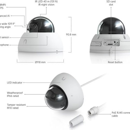 Ubiquiti UVC-AI-Dome-W IP Κάμερα Παρακολούθησης 4K Αδιάβροχη με Μικρόφωνο και Φακό 2.8mm