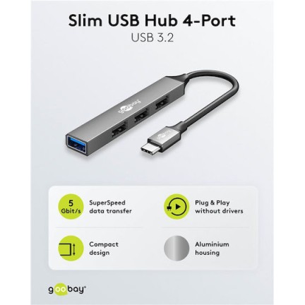 Goobay USB 3.2 Hub 4 Θυρών με σύνδεση USB-C Γκρι