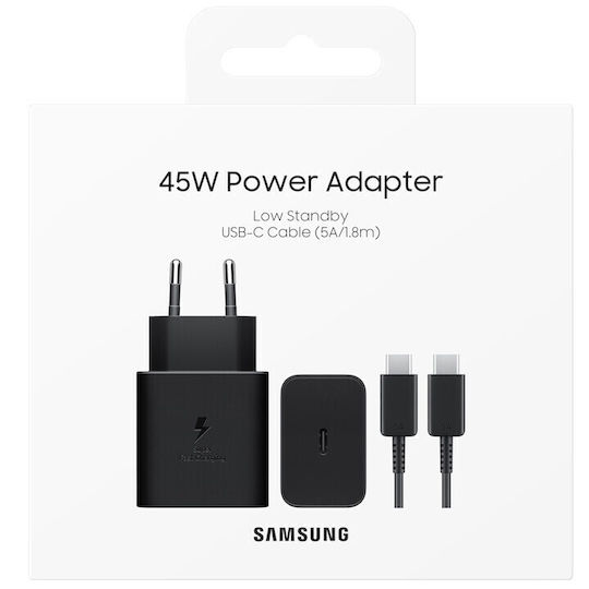 Samsung Φορτιστής με Θύρα USB-C και Καλώδιο USB-C - USB-C 45W Power Delivery Μαύρος (EP-T4511X)