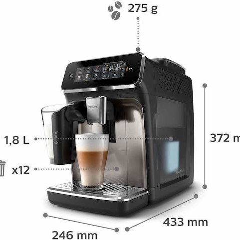 Philips Series 3300 Αυτόματη Μηχανή Espresso 1500W Πίεσης 15bar με Μύλο Άλεσης Μαύρη