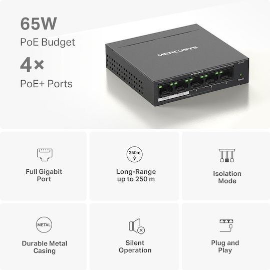 Mercusys MS105GP v1 Unmanaged L2 PoE+ Switch με 5 Θύρες Gigabit (1Gbps) Ethernet