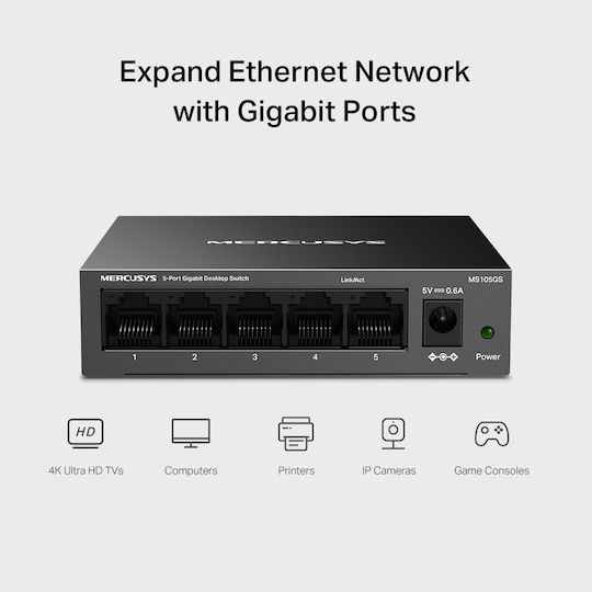 Mercusys MS105GS v1 Unmanaged L2 Switch με 5 Θύρες Gigabit (1Gbps) Ethernet