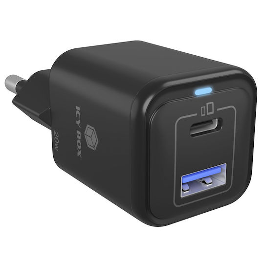 Icy Box Φορτιστής Χωρίς Καλώδιο GaN με Θύρα USB-A και Θύρα USB-C 20W Power Delivery Μαύρος (IB-PS1020-PD)