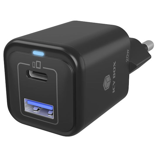 Icy Box Φορτιστής Χωρίς Καλώδιο GaN με Θύρα USB-A και Θύρα USB-C 20W Power Delivery Μαύρος (IB-PS1020-PD)