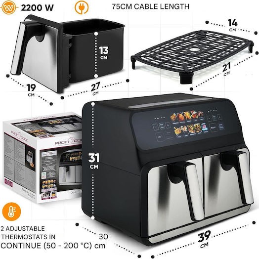 Profi Cook Air Fryer με Διπλό Αποσπώμενο Κάδο 8lt Μαύρο