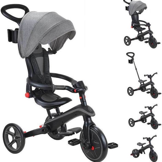 Globber Παιδικό Τρίκυκλο Ποδήλατο Πτυσσόμενο, Μετατρεπόμενο με Χειρολαβή Γονέα & Σκίαστρο Explorer Trike 4 In 1 για 10+ Μηνών Γκρι
