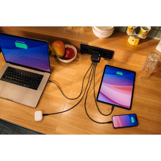 Verbatim Φορτιστής Χωρίς Καλώδιο GaN με Θύρα USB-A και 3 Θύρες USB-C 100W Power Delivery / Quick Charge 3.0 Μαύρος (Mini)