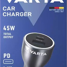 Varta Φορτιστής Αυτοκινήτου 45W με Θύρες: 1xUSB 1xType-C