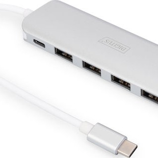 Digitus USB 3.0 Hub 5 Θυρών με σύνδεση USB-C & Θύρα Φόρτισης Ασημί