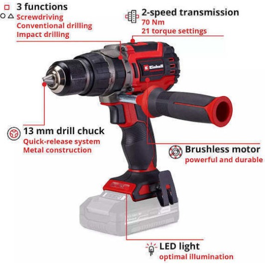 Einhell TP-CD 18/70 Κρουστικό Δραπανοκατσάβιδο Μπαταρίας Solo Brushless 18V