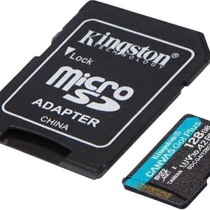 Kingston Canvas Go Plus microSDXC 128GB Class 10 U3 V30 A2 UHS-I με αντάπτορα