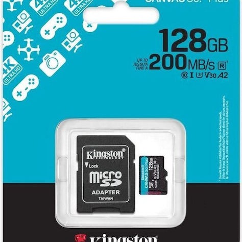 Kingston Canvas Go Plus microSDXC 128GB Class 10 U3 V30 A2 UHS-I με αντάπτορα