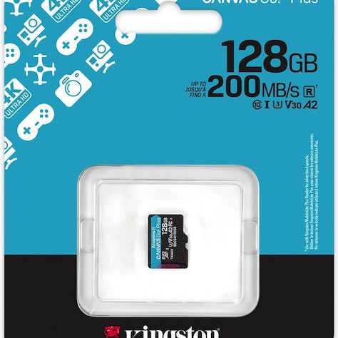 Kingston Canvas Go Plus microSDXC 128GB Class 10 U3 A2 UHS-I με αντάπτορα