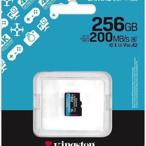 Kingston Canvas Go Plus microSDXC 256GB Class 10 U3 V30 A2 UHS-I με αντάπτορα
