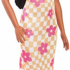 Barbie Checkered Flower Midi Dress Black Hair Κούκλα Fashionistas Fashionistas Μελαχρινή Κίτρινο Φόρεμα - Ροζ Λουλούδια για 3+ Ετών
