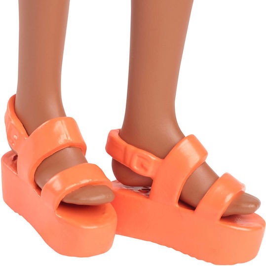 Barbie Checkered Flower Midi Dress Black Hair Κούκλα Fashionistas Fashionistas Μελαχρινή Κίτρινο Φόρεμα - Ροζ Λουλούδια για 3+ Ετών