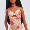 Barbie Checkered Flower Midi Dress Black Hair Κούκλα Fashionistas Fashionistas Μελαχρινή Κίτρινο Φόρεμα - Ροζ Λουλούδια για 3+ Ετών