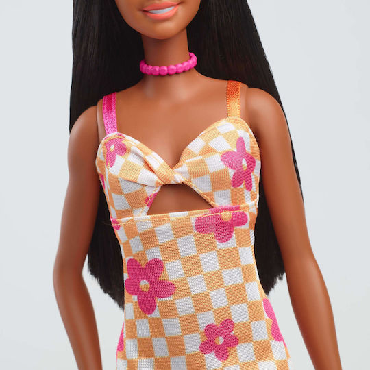 Barbie Checkered Flower Midi Dress Black Hair Κούκλα Fashionistas Fashionistas Μελαχρινή Κίτρινο Φόρεμα - Ροζ Λουλούδια για 3+ Ετών