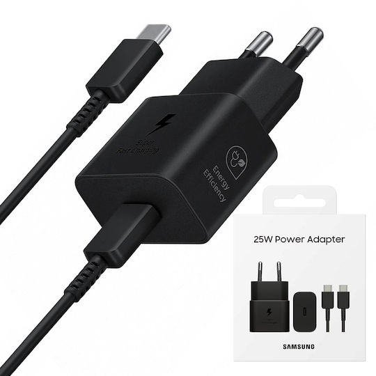 Samsung Φορτιστής με Θύρα USB-C και Καλώδιο USB-C - USB-C 25W Power Delivery Μαύρος (EP-T2510X)