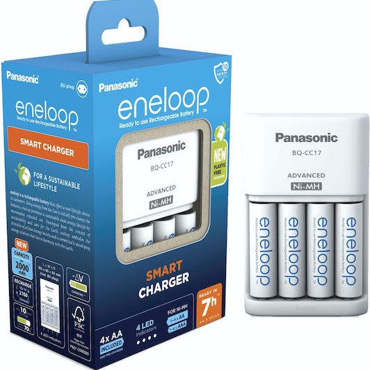 Panasonic Eneloop Advanced BQ-CC17 Φορτιστής 4 Μπαταριών Ni-MH Μεγέθους AA/AAA Σετ με 4x AA 2000mAh σε Λευκό χρώμα