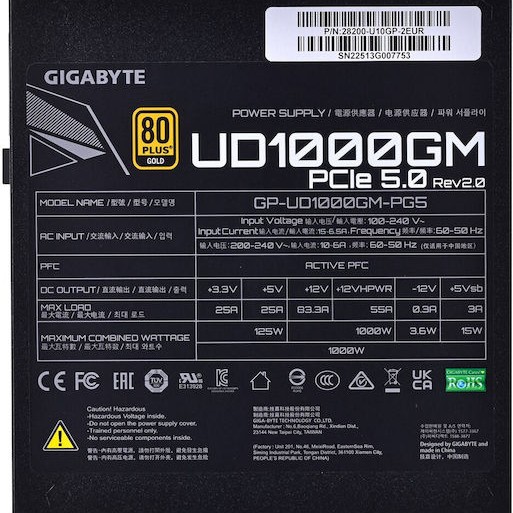 Gigabyte GP-UD1000GM PG5 rev. 2.0 1000W Μαύρο Τροφοδοτικό Υπολογιστή Full Modular 80 Plus Gold