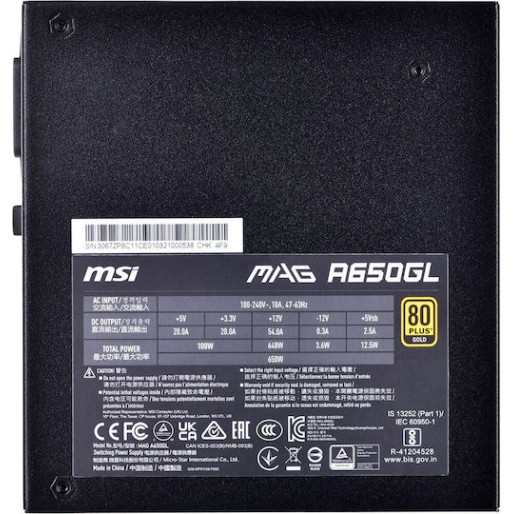 MSI MAG A650GL 650W Μαύρο Τροφοδοτικό Υπολογιστή Full Modular 80 Plus Gold