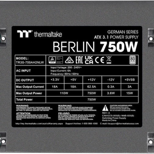 Thermaltake Berlin 750W Μαύρο Τροφοδοτικό Υπολογιστή Full Wired