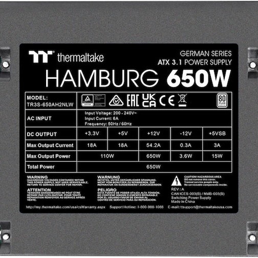 Thermaltake Hamburg 650W Μαύρο Τροφοδοτικό Υπολογιστή Full Wired