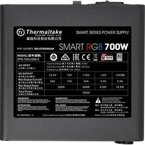 Thermaltake Smart W3 700W Μαύρο Τροφοδοτικό Υπολογιστή Full Wired 80 Plus Standard