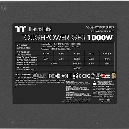 Thermaltake ToughPower GF3 1000W Μαύρο Τροφοδοτικό Υπολογιστή Full Modular 80 Plus Gold