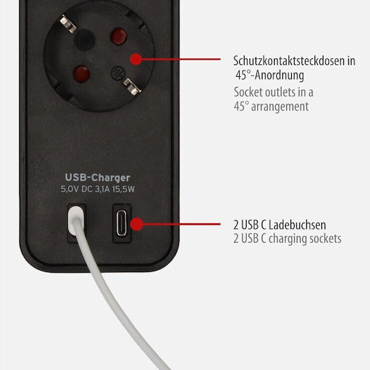 Brennenstuhl Ecolor Πολύπριζο 4 Θέσεων με 2 USB-C, Διακόπτη και Καλώδιο 1.5m