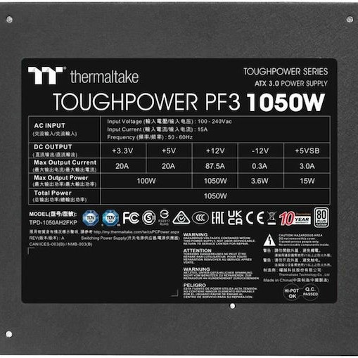Thermaltake Toughpower PF3 1050W Μαύρο Τροφοδοτικό Υπολογιστή Full Modular 80 Plus Platinum