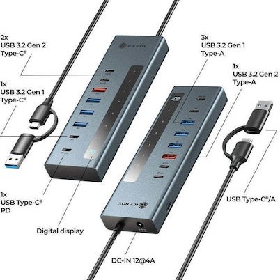 Icy Box Hub 9 Θυρών με σύνδεση USB-A Γκρι