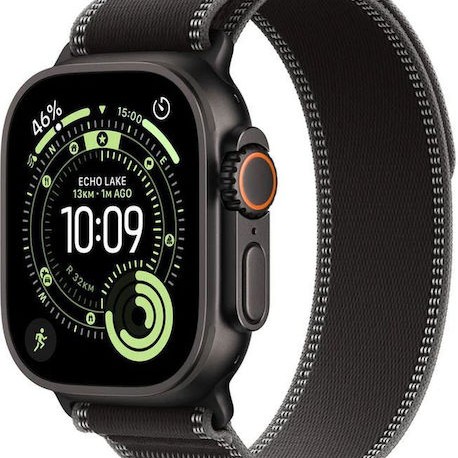 Apple Watch Ultra 3 Titanium 49mm Αδιάβροχο με eSIM και Παλμογράφο (Black Titanium Case with Black/Charcoal Trail Loop - M/L)