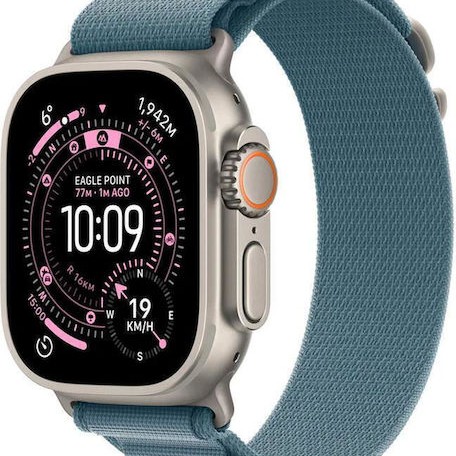 Apple Watch Ultra 3 Titanium 49mm Αδιάβροχο με eSIM και Παλμογράφο (Natural Titanium Case with Light Blue Alpine Loop - Large)