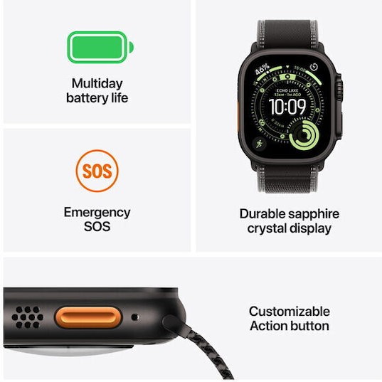 Apple Watch Ultra 3 Titanium 49mm Αδιάβροχο με eSIM και Παλμογράφο (Black Titanium Case with Black Alpine Loop - Medium)