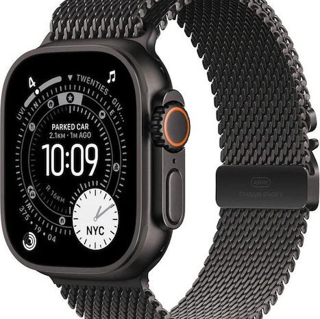 Apple Watch Ultra 3 Titanium 49mm Αδιάβροχο με eSIM και Παλμογράφο (Black Titanium Case with Black Titanium Milanese Loop - Medium)
