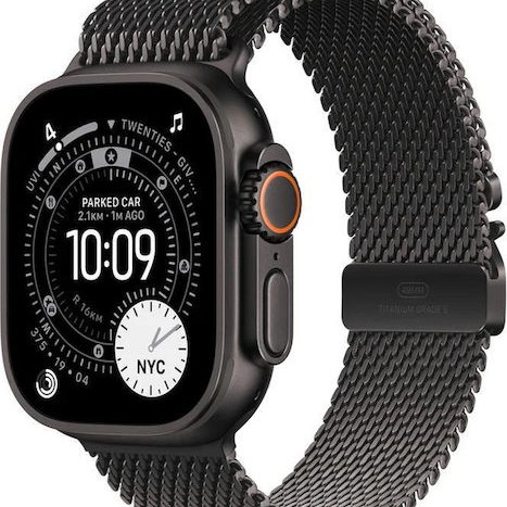 Apple Watch Ultra 3 Titanium 49mm Αδιάβροχο με eSIM και Παλμογράφο (Black Titanium Case with Black Titanium Milanese Loop - Large)