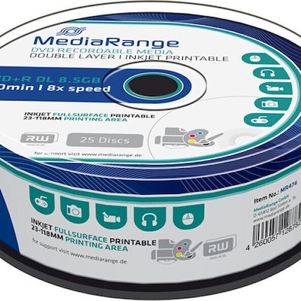 MediaRange Εγγράψιμα DVD+R 8x Dual Layer Printable 8.5GB Cake Box 25τμχ
