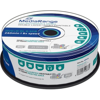 MediaRange Εγγράψιμα DVD+R 8x Dual Layer Printable 8.5GB Cake Box 25τμχ