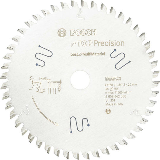 Bosch Top Precision Δίσκος Κοπής Ξύλου με 48 Δόντια 165mm 2608642388